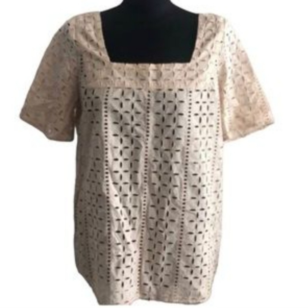 Ann Taylor Loft Boho Beige Cotton Elegant Eyelet Square Neck Top